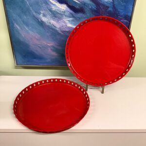 Pair Samhall Dala Swedish MCM Red Enamel Metal Cutout Nesting Tray Platter 12"